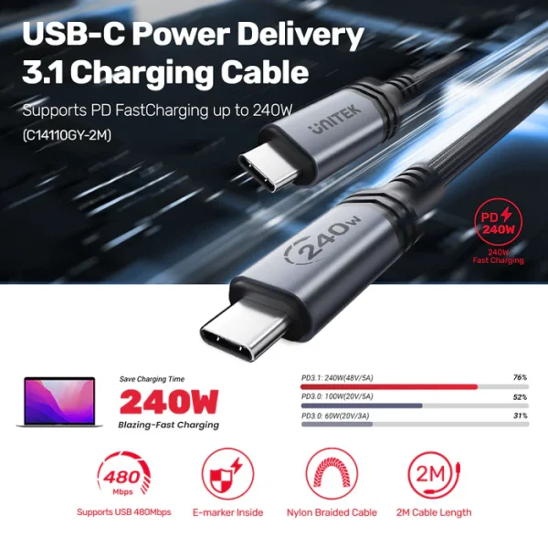 Unitek C14110GY USB-C Power Delivery 3.1 Charging Cable 2m - Image 6