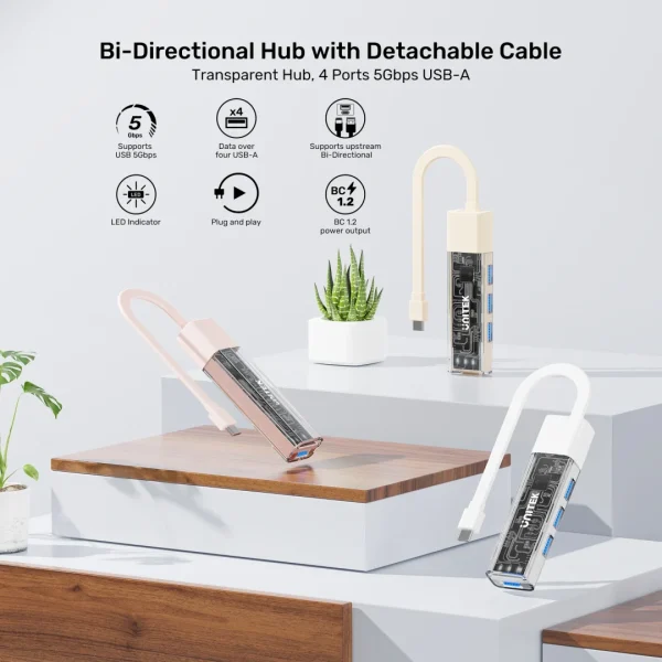 UNITEK H1319ACL01 4-PORT USB-A BI-DIRECTIONAL HUB WITH DETACHABLE CABLE - Image 2