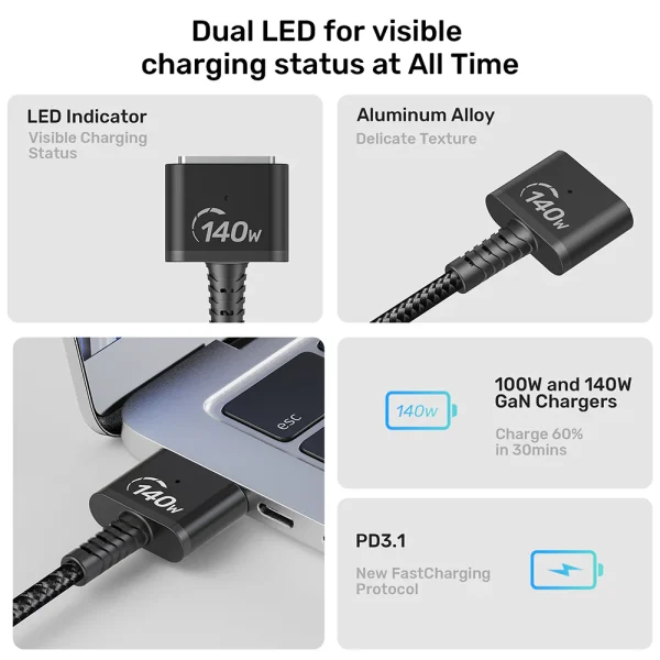 UNITEK C14121BK USB-C to Magnetic 3 Braided Charging Cable 2m - Image 4