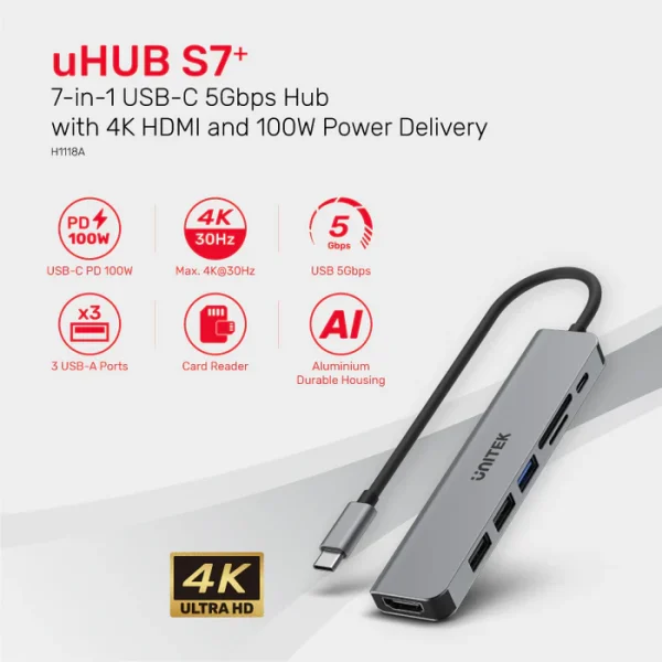 UNITEK H1118A 7-IN-1 USB-C TO HDMI, 3XUSB, CARD READER, PD 100W - Image 4