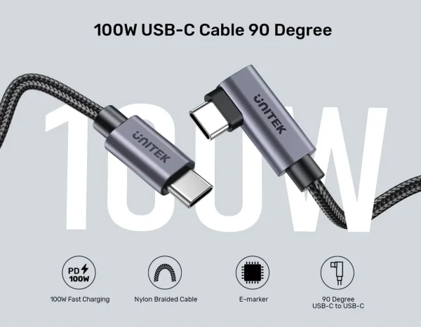 UNITEK C14123BK-0.5M 90 DEGREE USB-C TO C 100W FAST CHARGING CABLE 50CM - Image 8