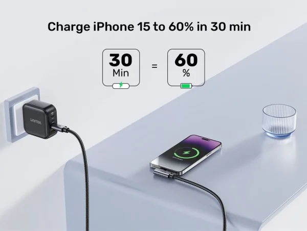 UNITEK C14123BK-0.5M 90 DEGREE USB-C TO C 100W FAST CHARGING CABLE 50CM - Image 7
