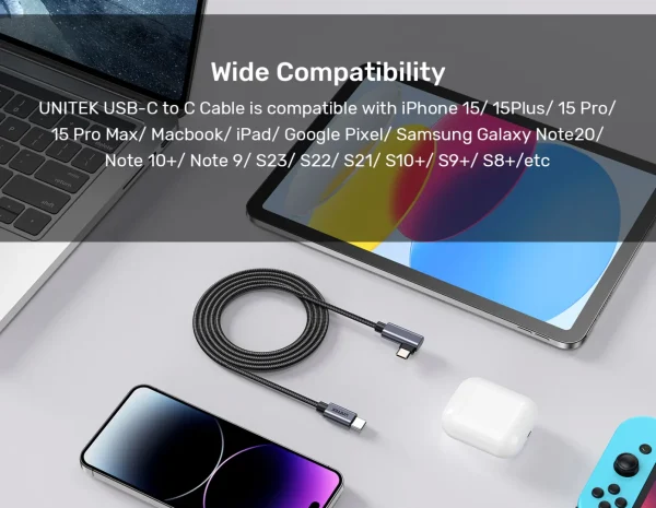 UNITEK C14123BK-0.5M 90 DEGREE USB-C TO C 100W FAST CHARGING CABLE 50CM - Image 5