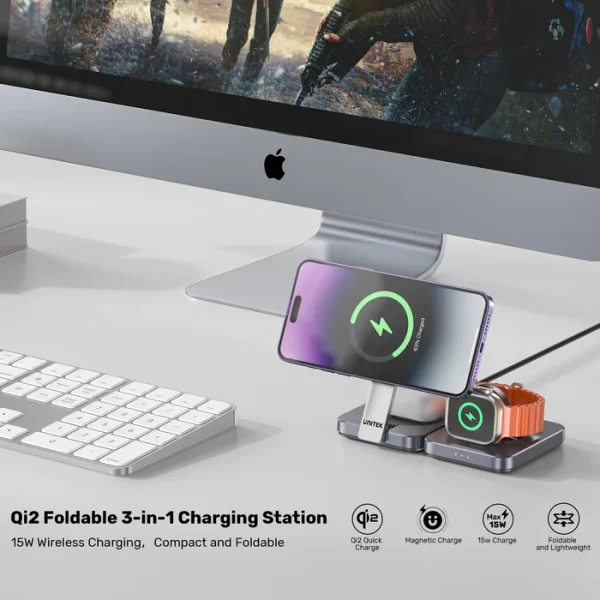UNITEK P1300AGY01 Qi2 Foldable 3-in-1 Charging Station - Image 3