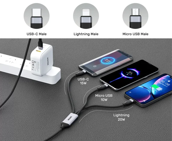 UNITEK C14101BK-1.5M 3-in-1 USB-C to Lightning, USB-C, Micro USB Multi Charging Cable (1.5 Meter) - Image 2