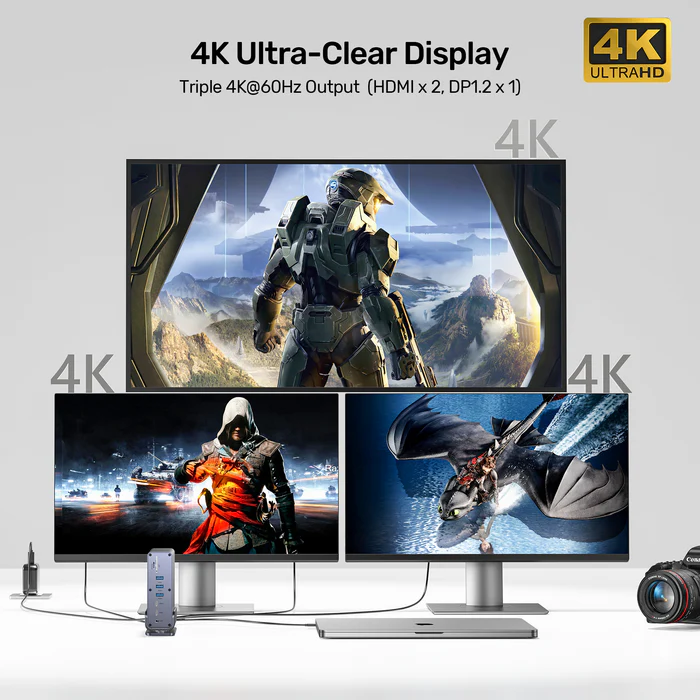 UNITEK D1135AGY01 UNIVERSAL DISPLAYLINK TRIPLE DISPLAY 4K@60HZ 15-IN-1 DOCKING STATION 360° ROTATION ALUMINIUM - Image 4